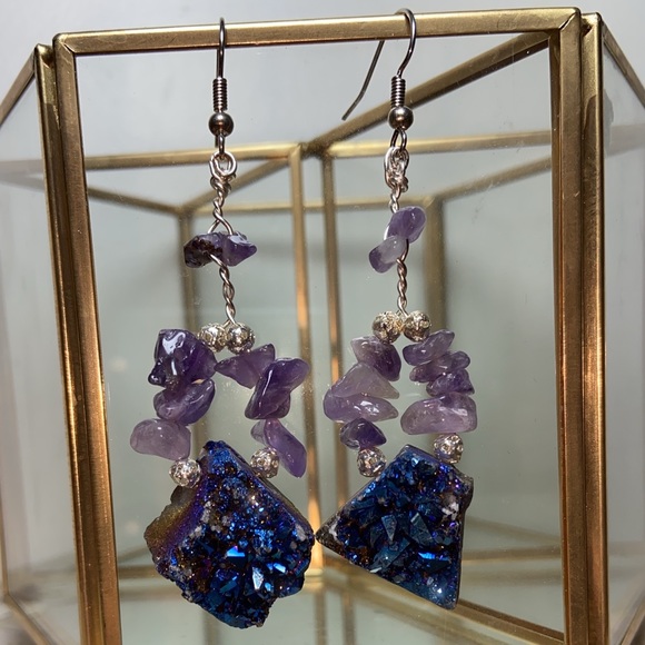 Handmade Crystal Earrings - Amethyst and Druzy - Picture 4 of 6